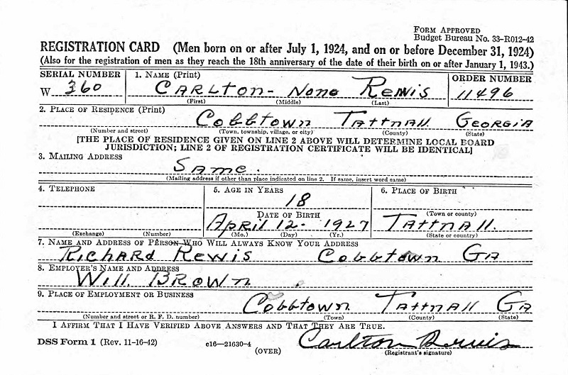 Carlton Rewis World War II Draft Registration