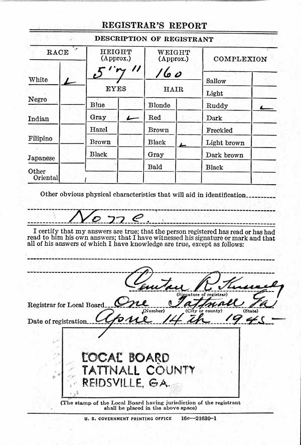 Carlton Rewis World War II Draft Registration