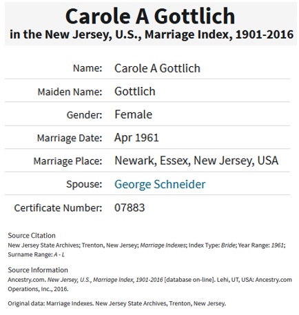 Carole Gottlick and George Schneider Marriage Index