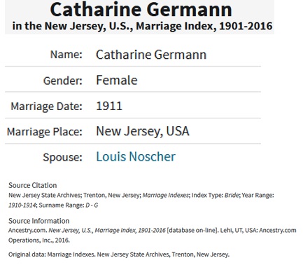 Catherine Germann and Louis Nosher Marriage Index