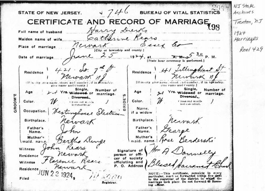 Catherine Rears and John Harry Dierks Marriage Certificate