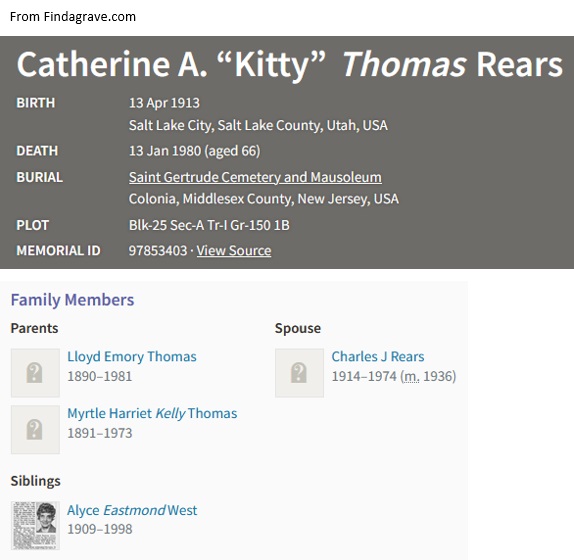 Catherine A. Thomas Rears Cemetery Record