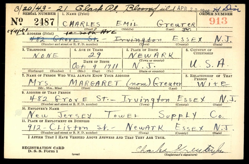 Charles E. Greuter's WW2 Draft Registration