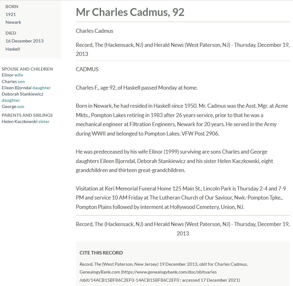 Charles F. Cadmus Obituary