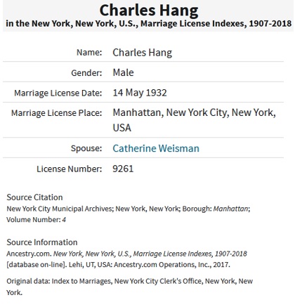 Charles Hang and Catherine Weisman Marriage Record