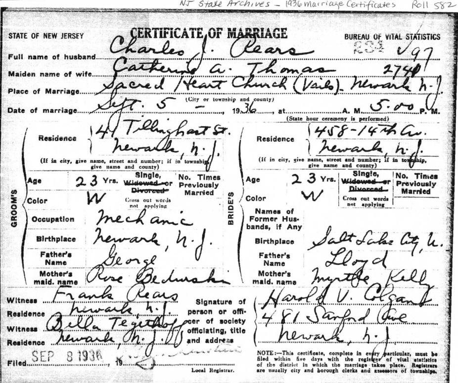 Charles Rears and Catherine Thomas Marriage Certificate