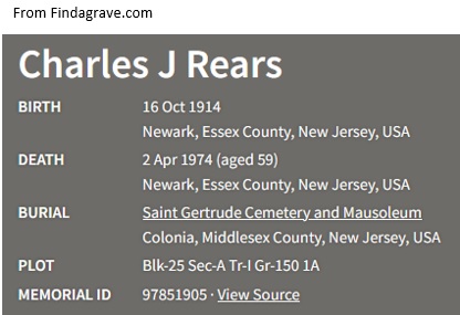 Charles J. Rears Cemetery Record