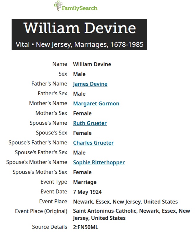 Ruth Ann Greuter and William Patrick Devine Marriage