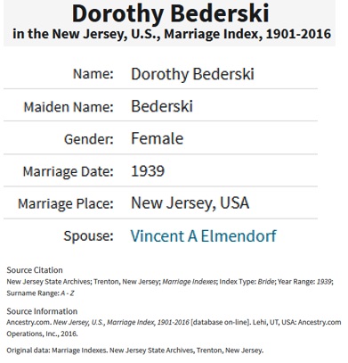 Dorothy Bederski and Vincent Elmendorf Marriage