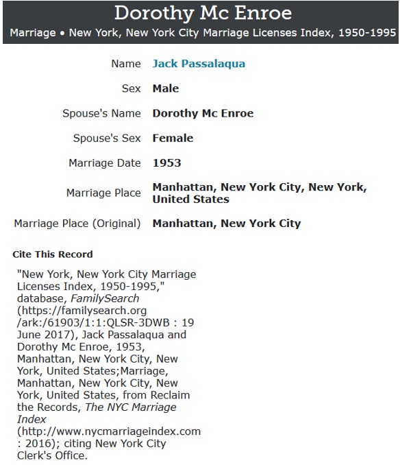 Dorothy McEnroe and Jack Passalaqua Marriage Record