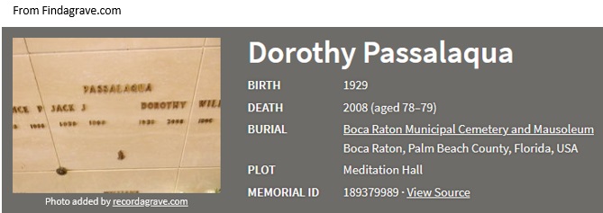 Dorothy Mary McEnroe Passalaqua Cemetery Record