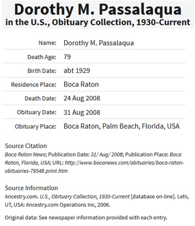 Dorothy Mary McEnroe Passalaqua Death Index