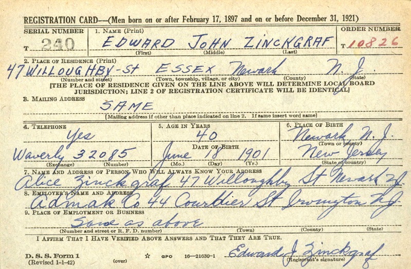 Edward Zinckgraf World War II Draft Registration