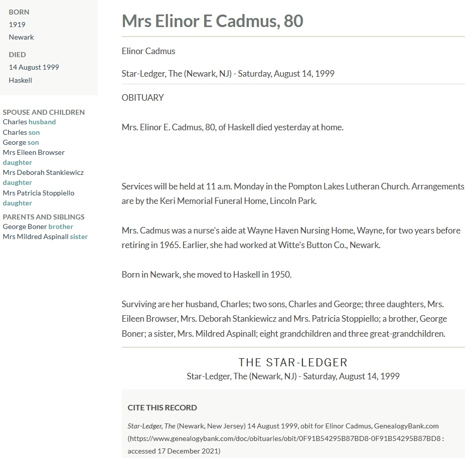 Elinor Boner Cadmus Obituary