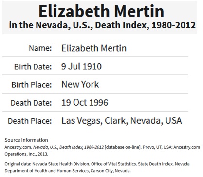 Elizabeth Mertin Death Index