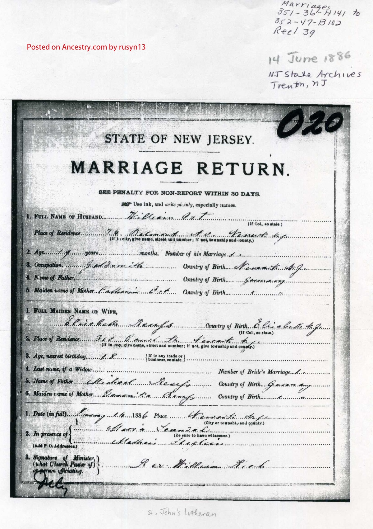 Elizabeth Rears and William Ost Marriage Certificate