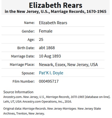 Elizabeth Rears and Patrick Doyle Marriage Index