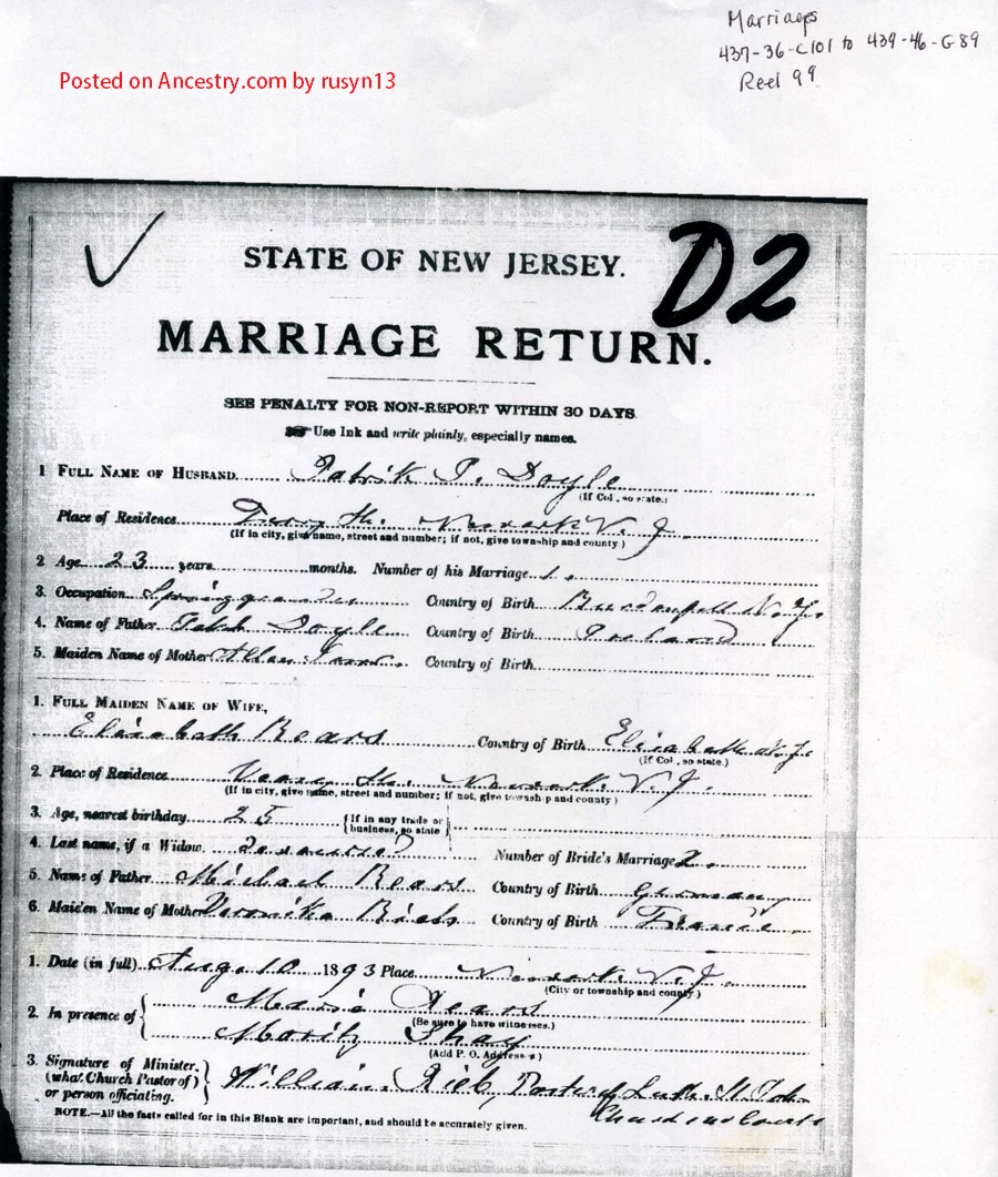 Elizabeth Rears and Patrick Doyle Marriage Certificate