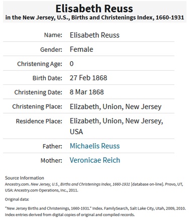 Elizabeth Reuss Birth Index