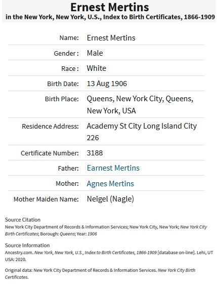 Ernest J. Mertin Birth Index