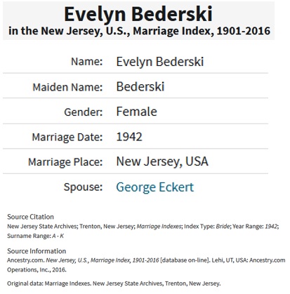 Evelyn Bederski and George Eckert Marriage Record