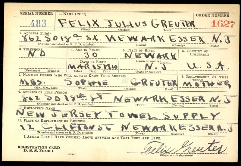 Felix J. Greuter's World War II Draft Registration