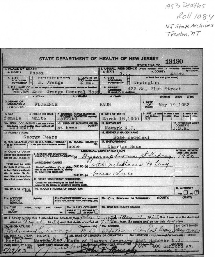 Florence E. Rears Death Certificate