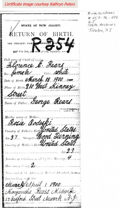 Florence E. Rears Birth Certificate