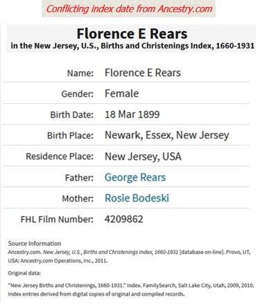 Florence E. Rears Birth Index