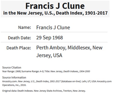 Francis J. Clune Death Index