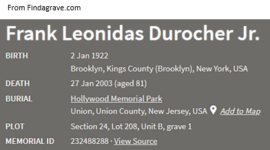 Frank L. Durocher Cemetery Record