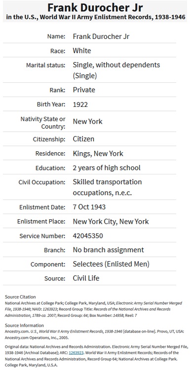 Frank Durocher Military Service Record