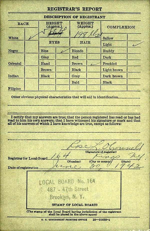 Frank Durocher WW2 Draft Registration