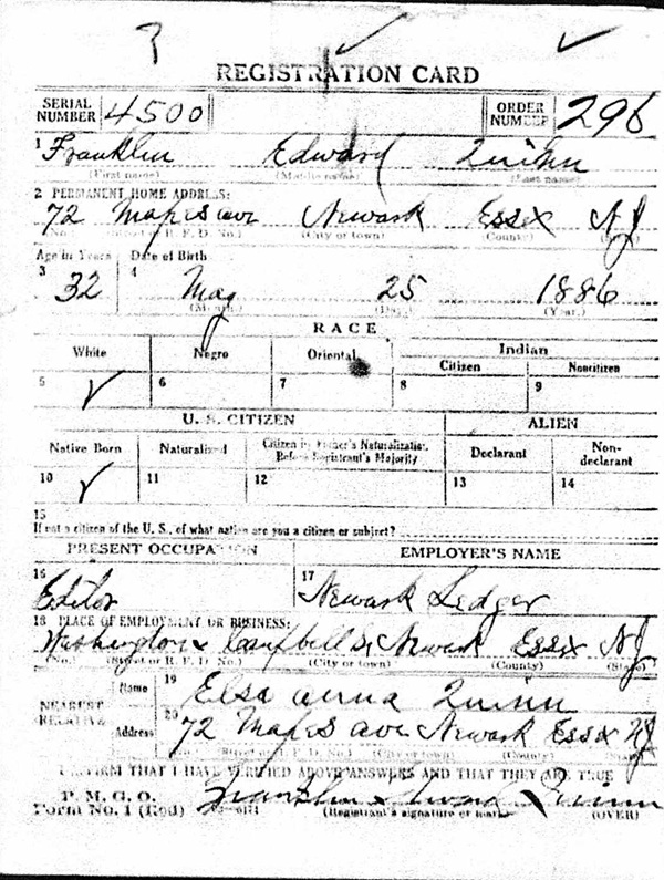 Frank Quinn WW1 Draft Registration