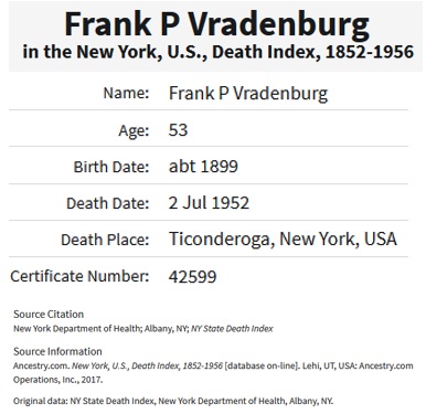 Frank Vradenburgh Death Index