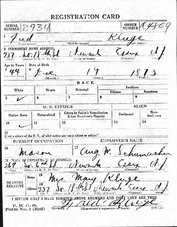 Frederick Kluge World War I Draft Registration