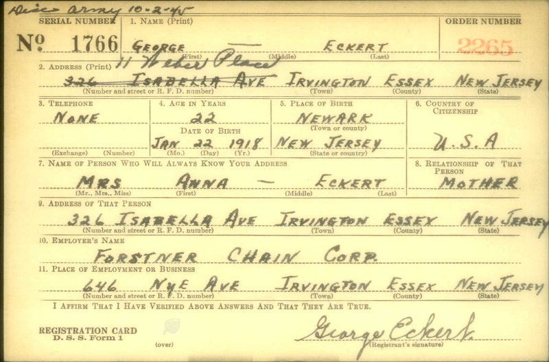 George Eckert World War II Draft Registration