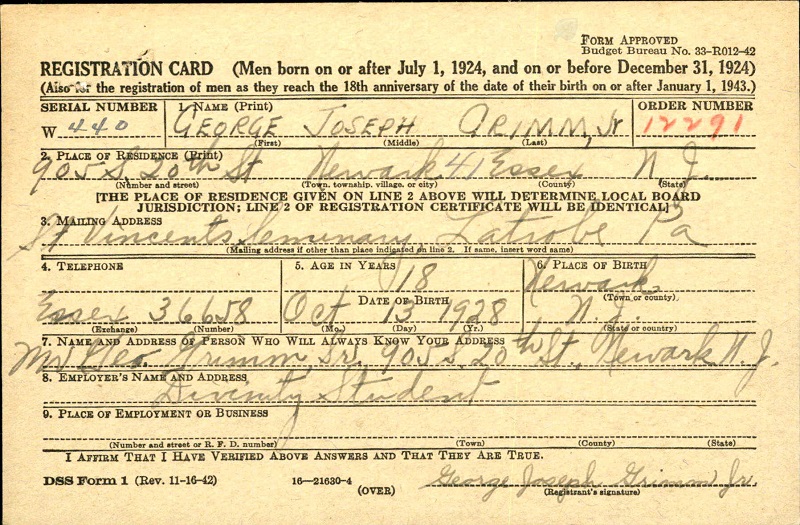 George Joseph Grimm World War II Draft Registration