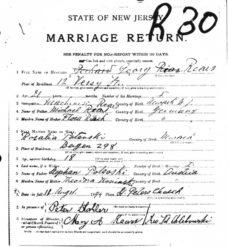 Georg Rears and Rosalia Bederski Marriage Record