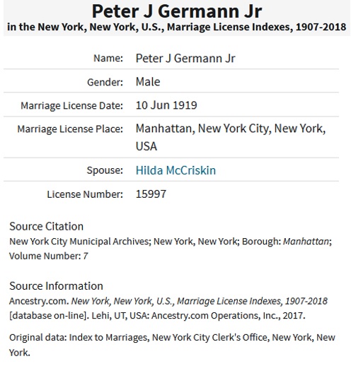 Peter Germann and Hilda McCriskin Marriage Index