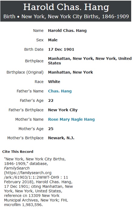 Harold Charles Hang Birth Record