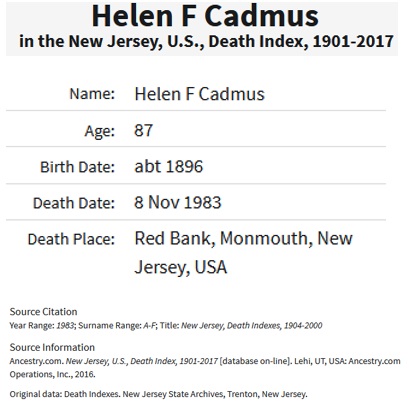 Helen Doyle Cadmus Death Index