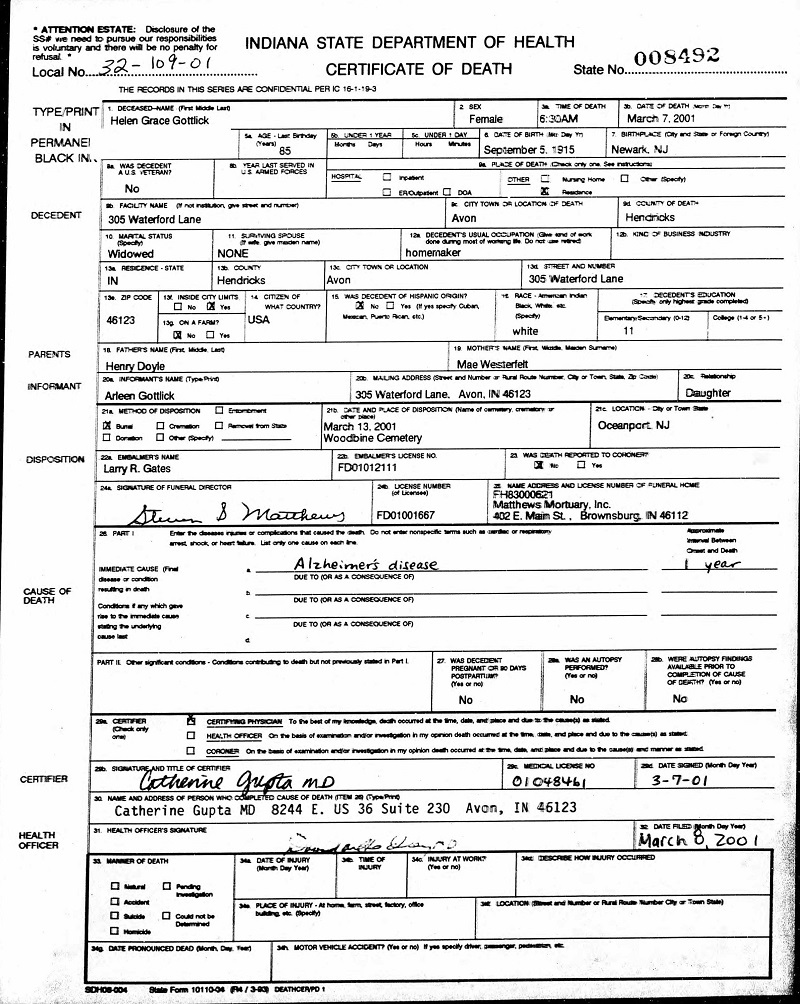 Helen Doyle Gottlick Death Certificate