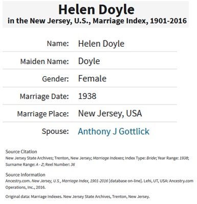 Helen Doyle and Anthony Gottlick Marriage Index