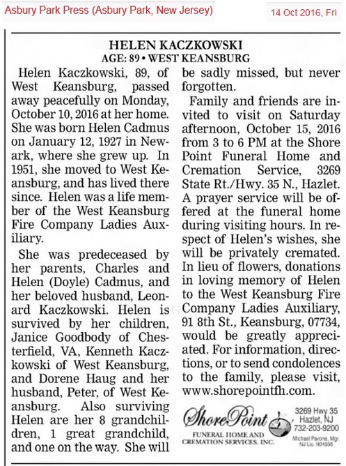 Helen Cadmus Kaczkowski Obituary