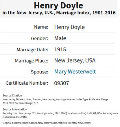 Henry Doyle and Mary Westerwelt Marriage Record