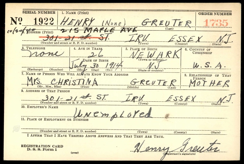 Henry Greuter World War II Draft Registration