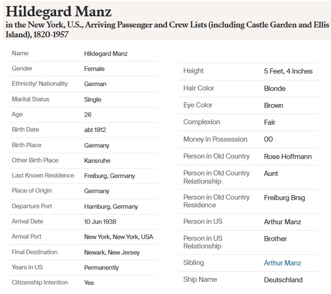 Hildegarde Manz Immigration and Naturalization Record