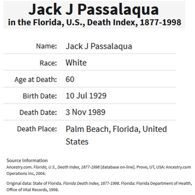 Jack J. Passalaqua Death Index