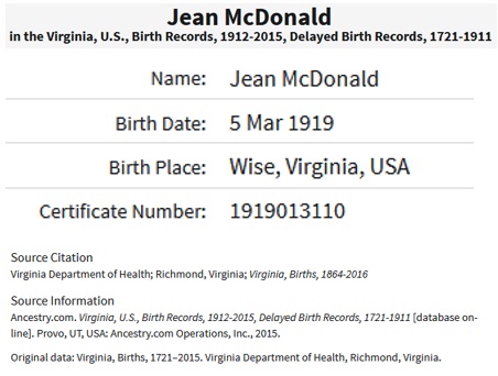 Jean Kay MacDonald Birth Index